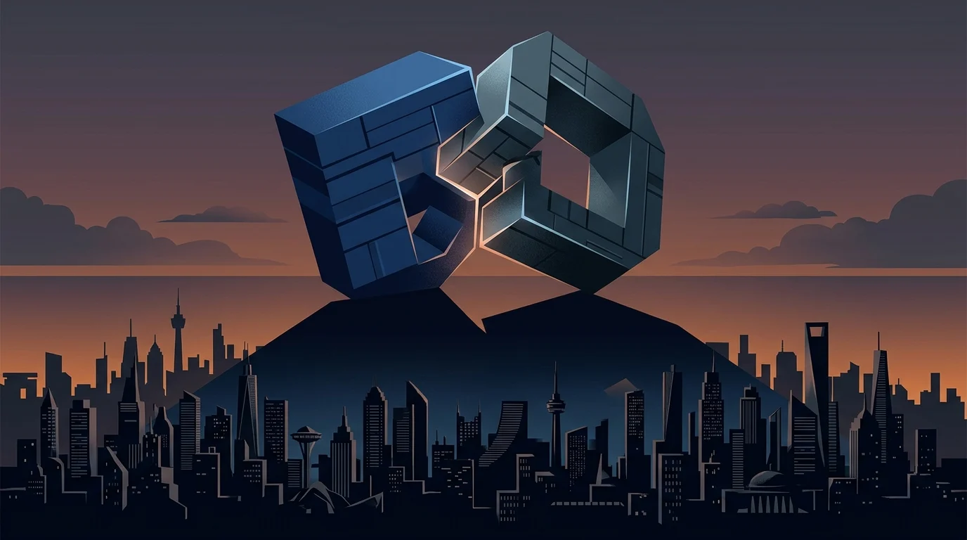 Conceptual illustration of two large structures merging together.