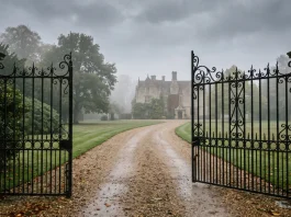 A secure wrought iron gate leading to a private English estate in the countryside.