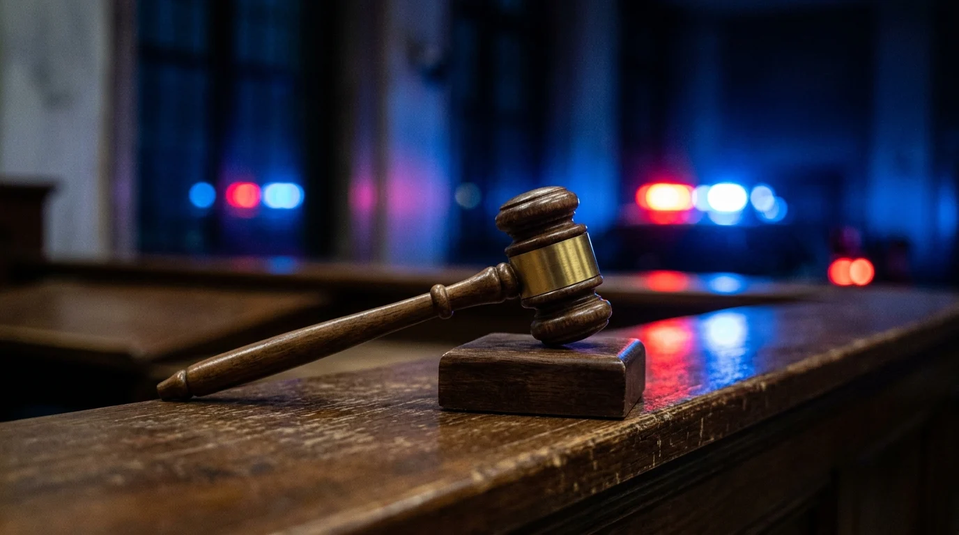 A judge's gavel in a dramatic courtroom setting with emergency lighting.