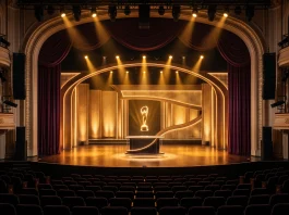 Conceptual image of a golden lit awards stage.