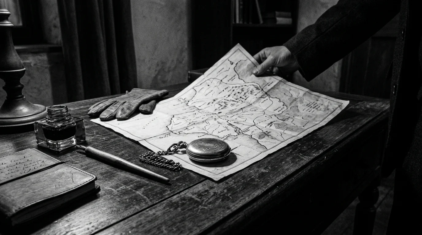 A noir-style desk with a map and pocket watch.