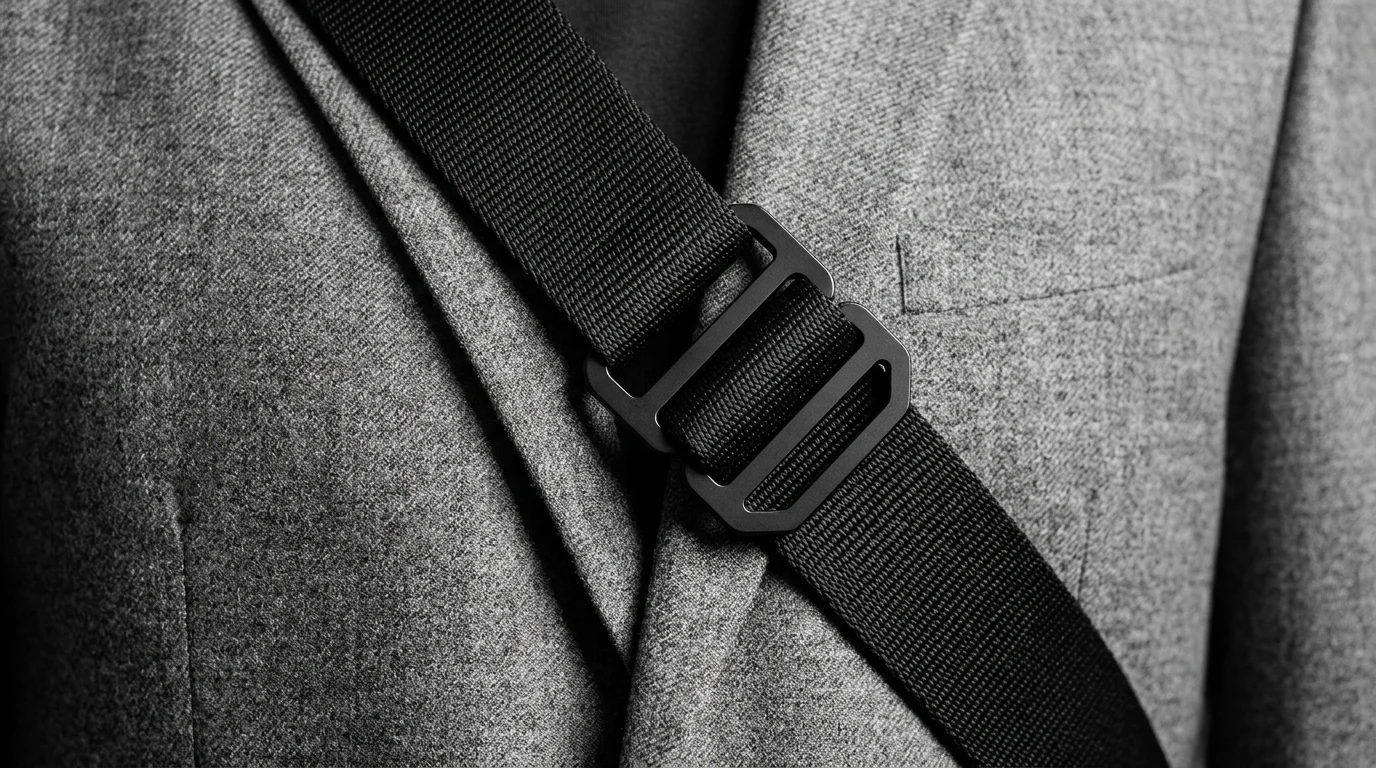 A minimalist view of a crossbody strap worn over a neutral jacket.