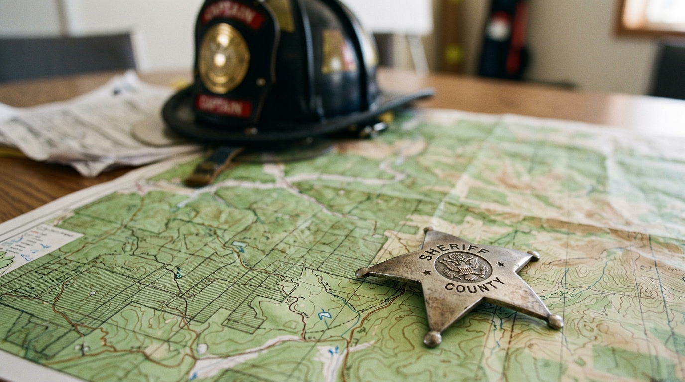 Sheriff's badge and tactical map representing the coordination between departments.