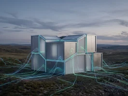 A conceptual 3D rendering of a modular AI data center unit in a remote landscape.