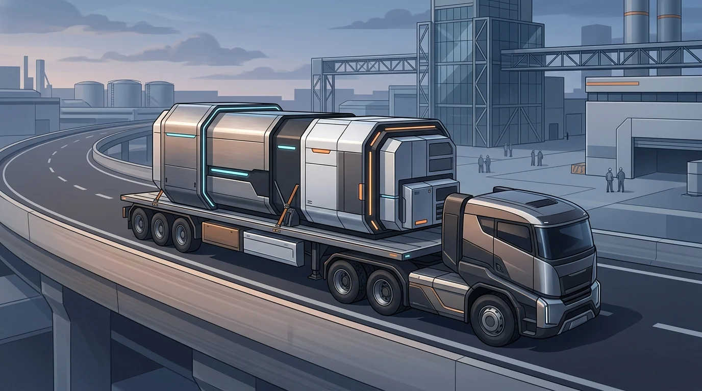Illustration of a modular AI factory being transported by truck.