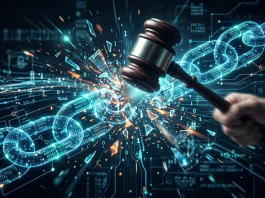 Conceptual image of a legal gavel over digital data streams.