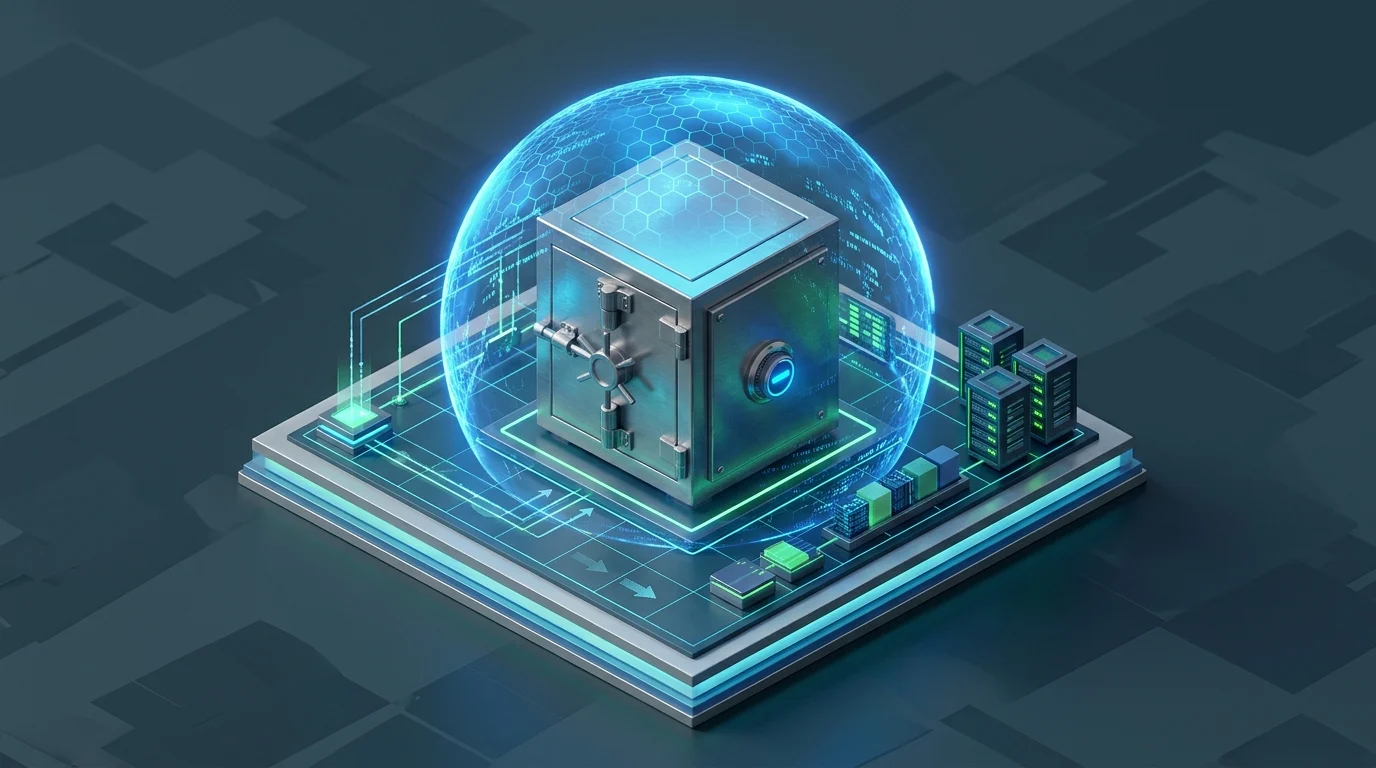 A conceptual isometric 3D render of a secure digital vault with a protective shield.