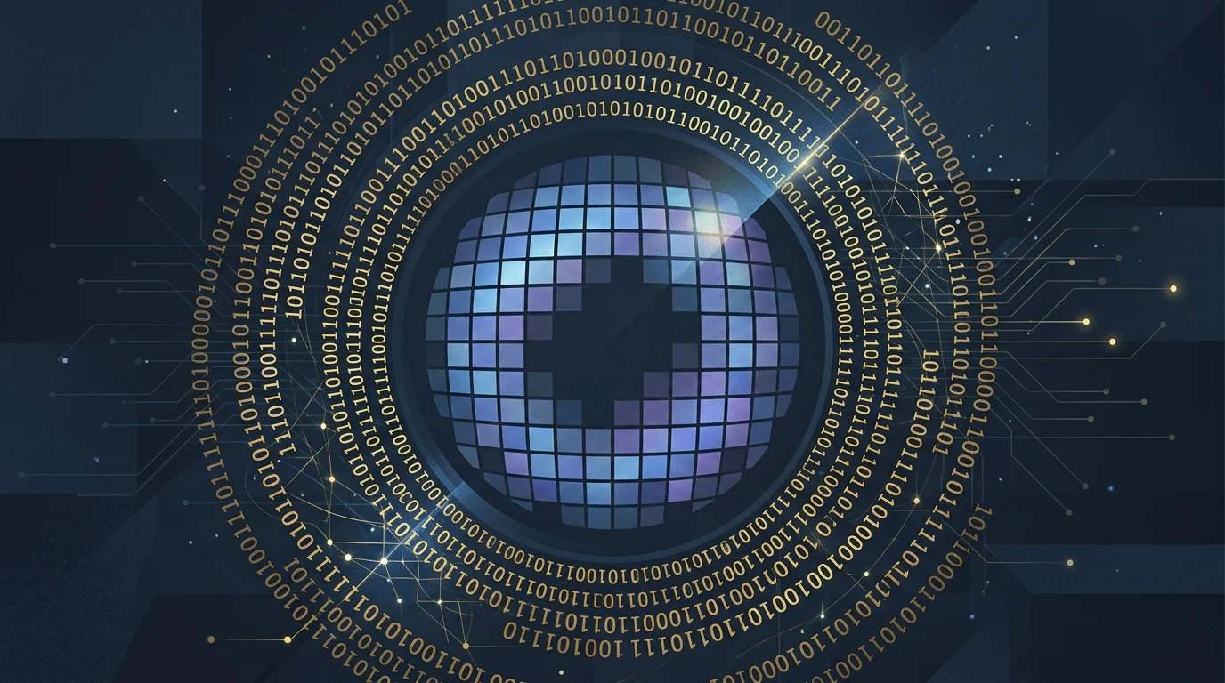 Abstract digital graphic representing surveillance and digital asset vulnerability.