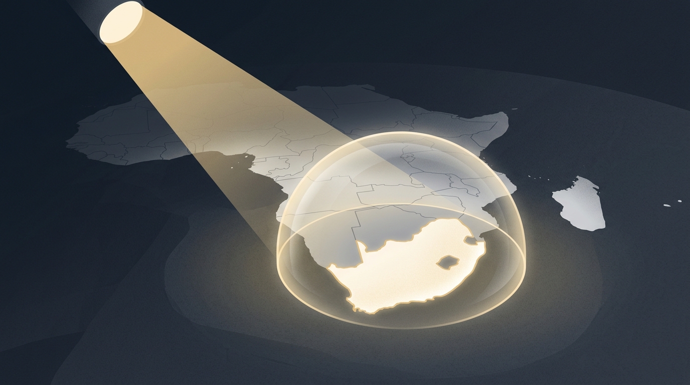 A minimalist graphic of a spotlight on South Africa.