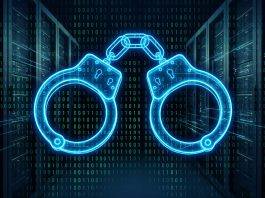 Conceptual illustration of digital handcuffs on a binary code background.