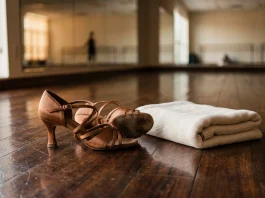 Satin dance shoes and a baby blanket on a dance studio floor representing a return to work after motherhood.