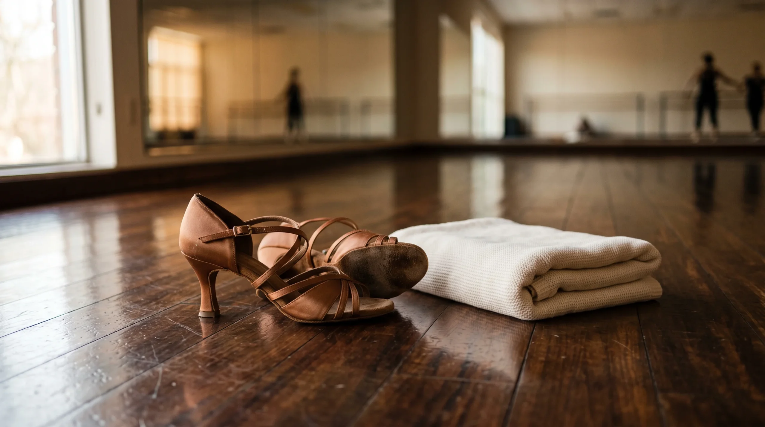 dancer-motherhood-concept Satin dance shoes and a baby blanket on a dance studio floor representing a return to work after motherhood.
