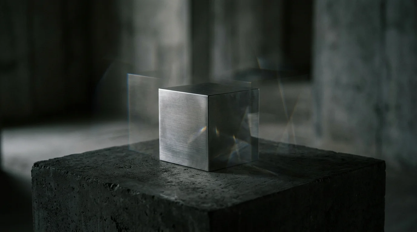 A minimalist black cube in a dark room with light effects.
