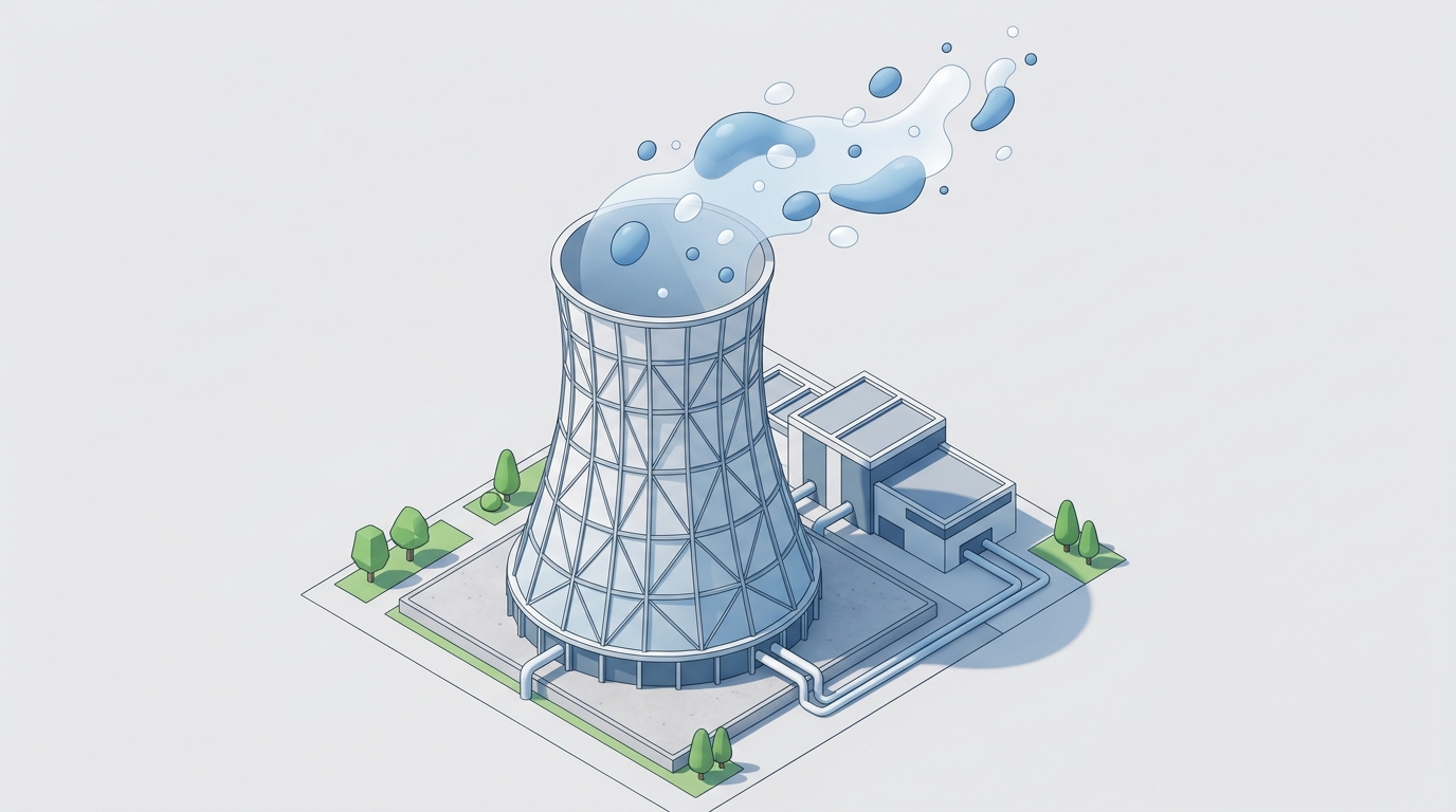 Stylized illustration of an industrial cooling system showing water efficiency metrics.