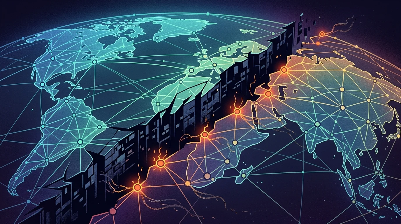 Abstract visualization of data nodes being blocked on a digital map.