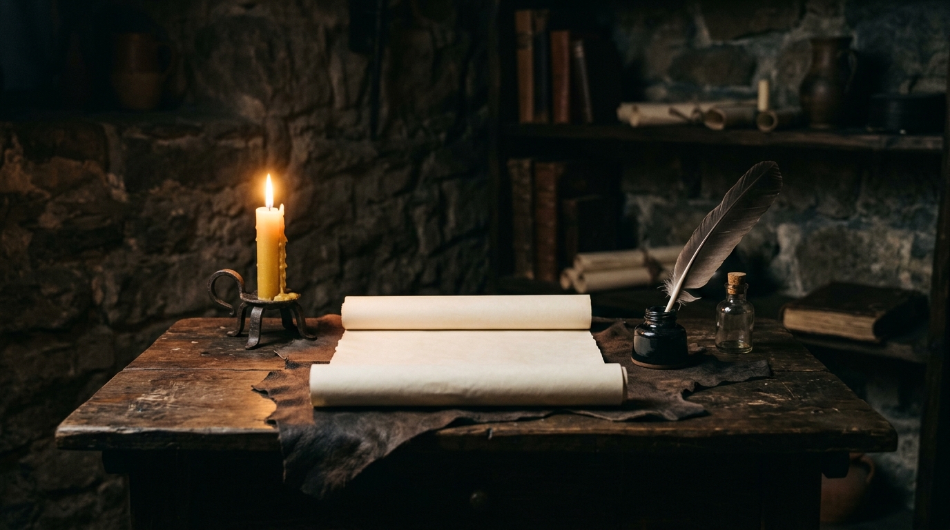 A conceptual image of a writer's desk in a dark fantasy setting.