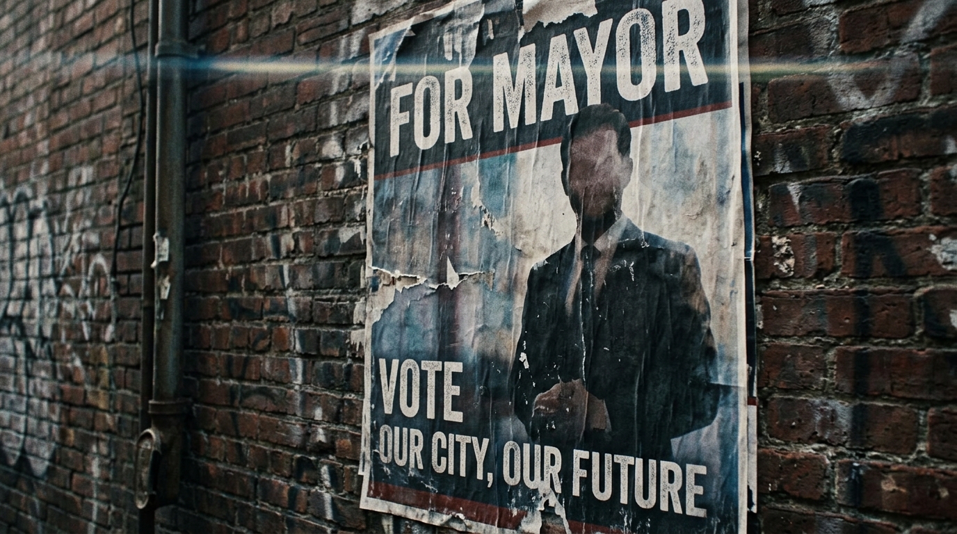 A fictional campaign poster on an urban brick wall.