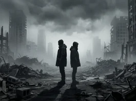 Silhouette of two survivors standing back-to-back in a fog-covered city ruins.
