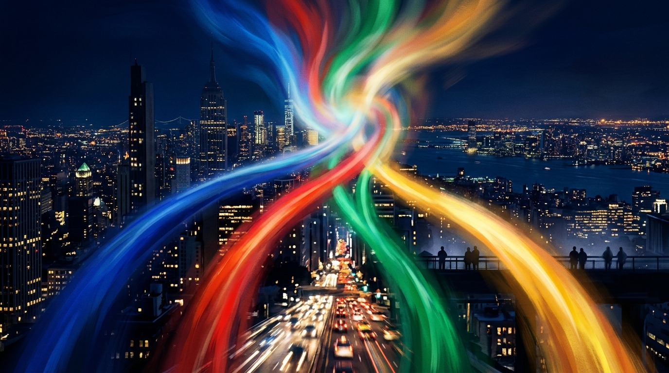 Abstract lights representing a team-up of heroes.