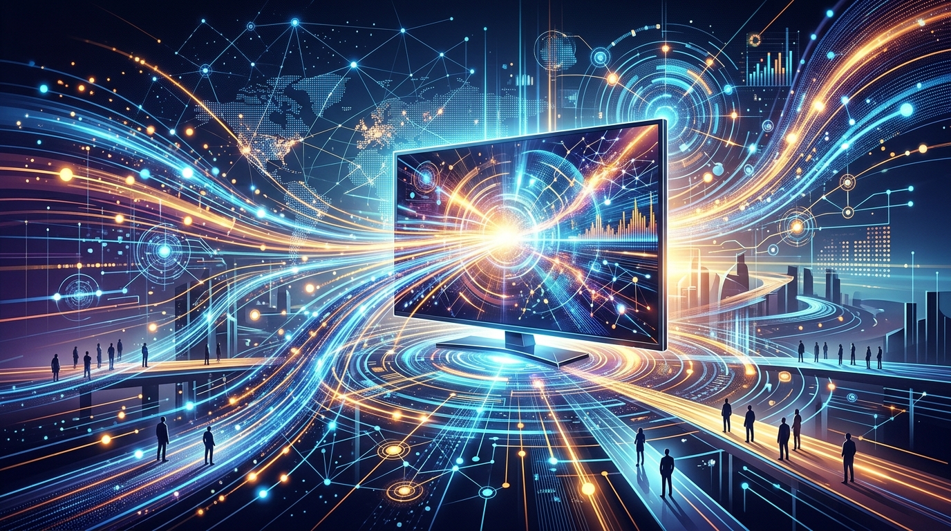 Abstract data streams connecting to a digital screen.