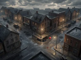 A red balloon floating near a storm drain in a 1930s-style town setting.