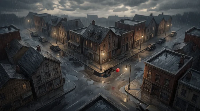 A red balloon floating near a storm drain in a 1930s-style town setting.