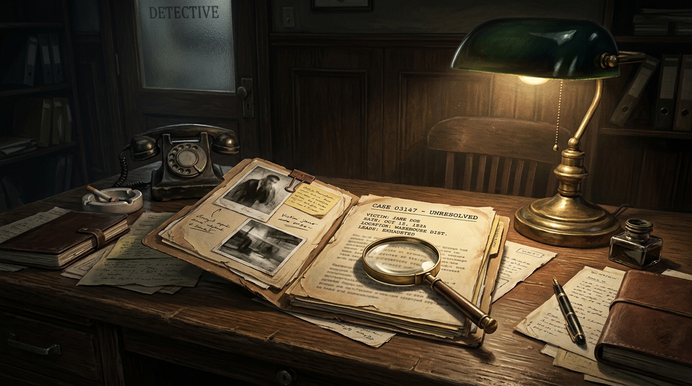 A detective's desk with crime files