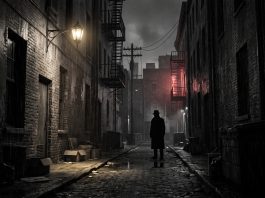 A dark, moody New York City alleyway at night with a mysterious silhouette in the shadows.