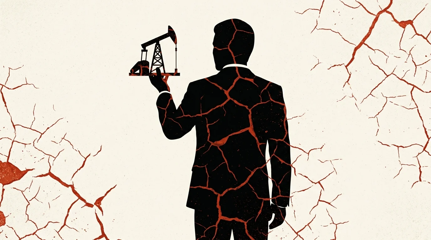 A minimalist graphic of an oil derrick and a cracked tomato texture.