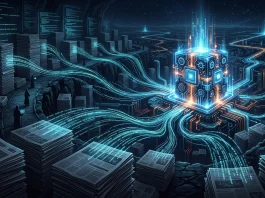 Conceptual illustration of digital data being extracted from newspaper archives.