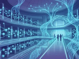 Abstract digital representation of an interconnected data network and library.