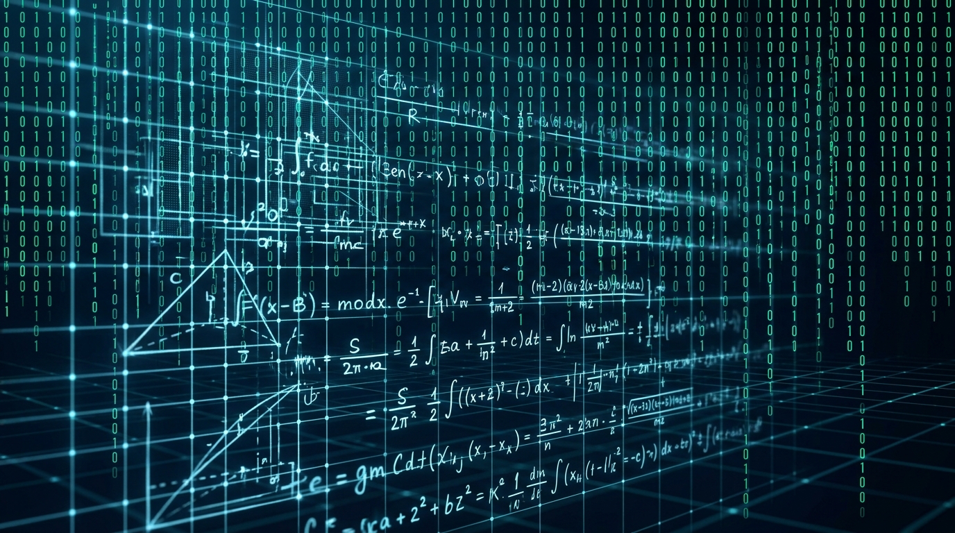 Conceptual image of math equations overlaid with digital binary code.