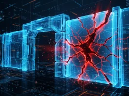 Abstract visualization of a digital security perimeter breach with red light through blue geometric walls.