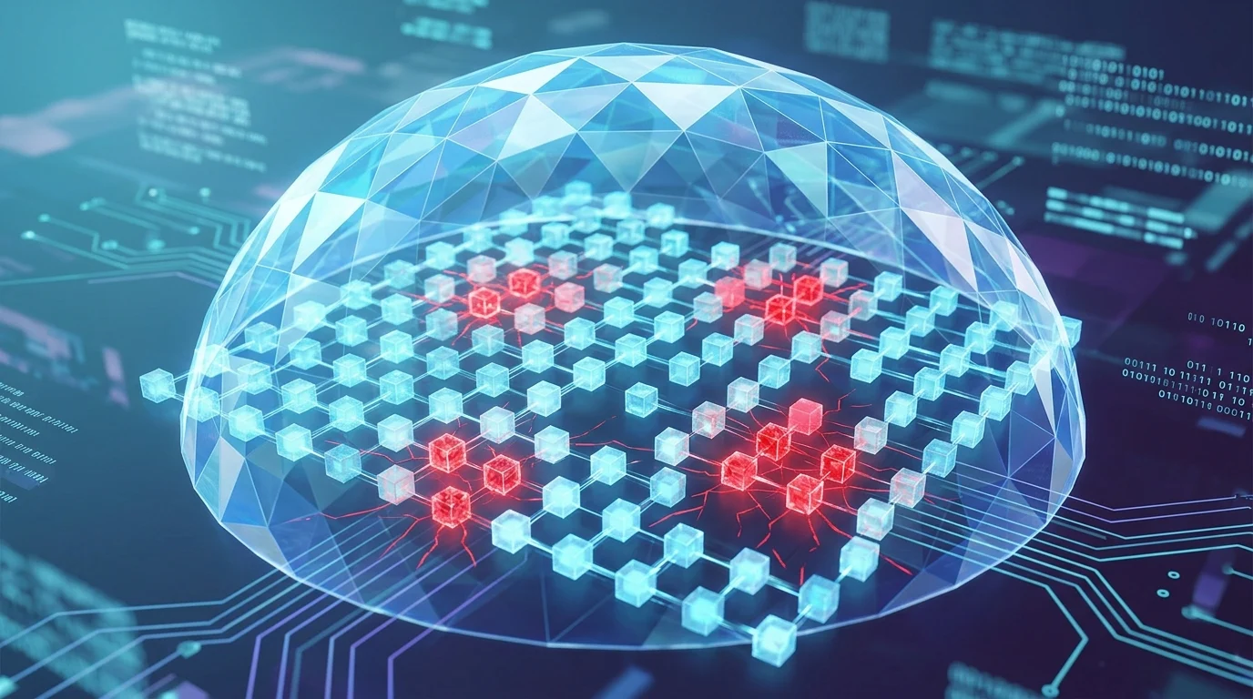 Conceptual image of a digital shield and data packets.
