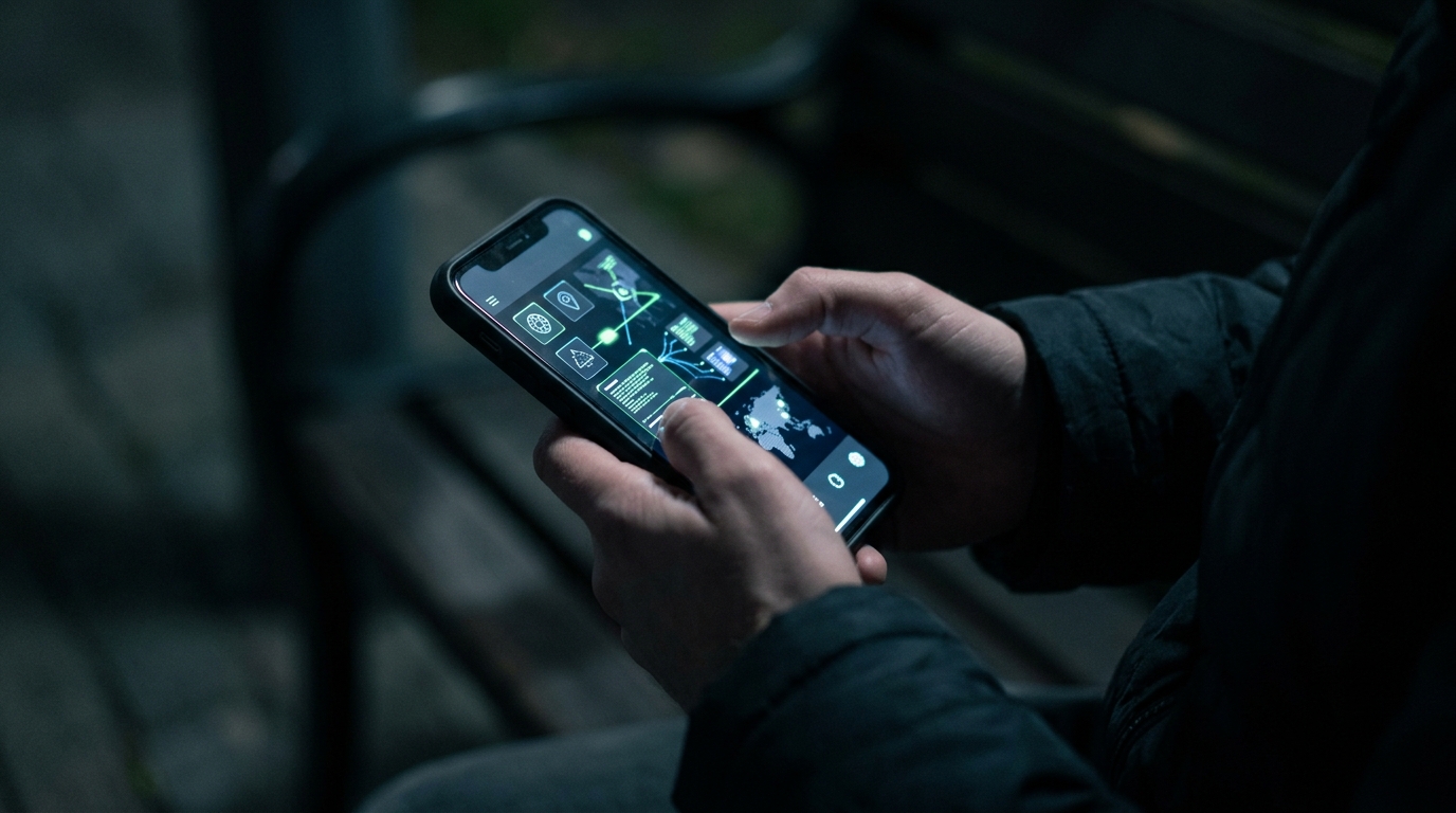 A conceptual photo of a smartphone being used in a dark room.