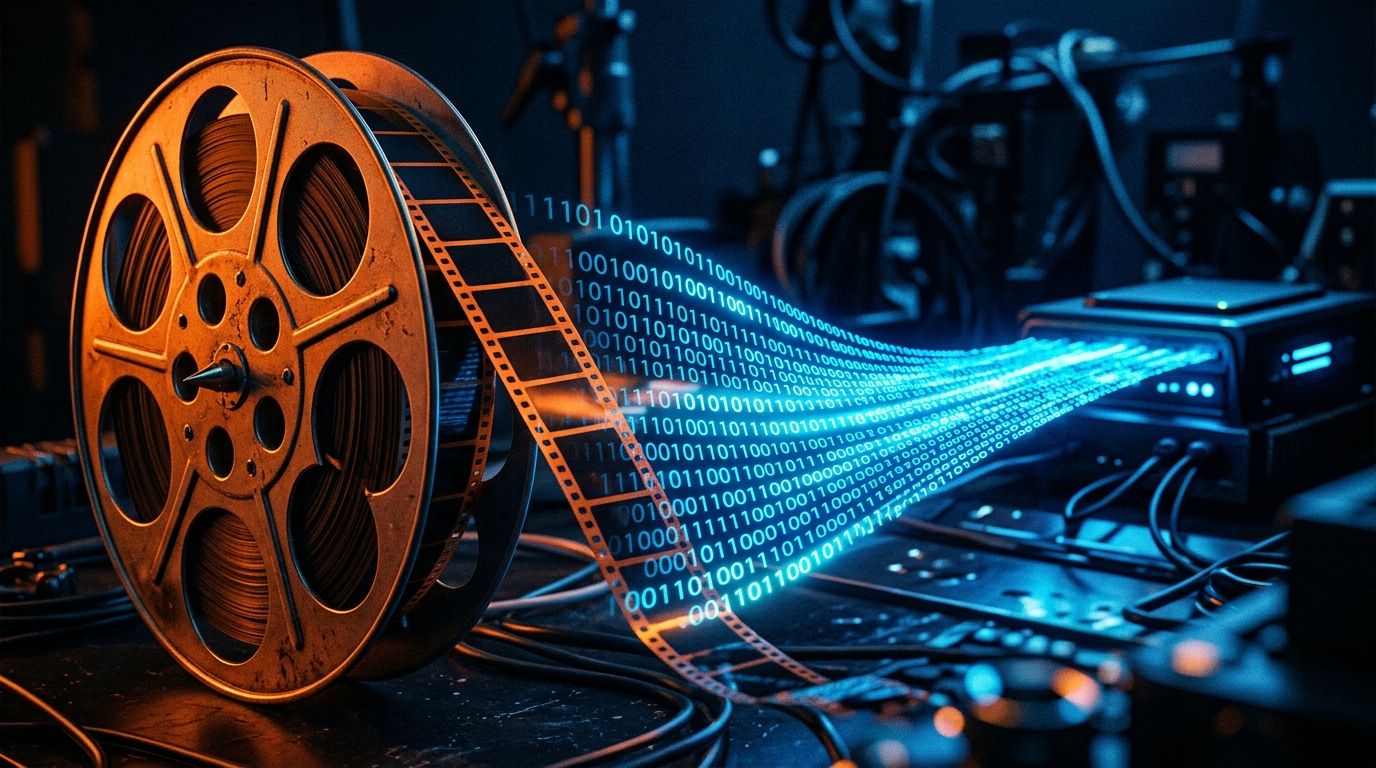 A conceptual image showing film reels and digital data.