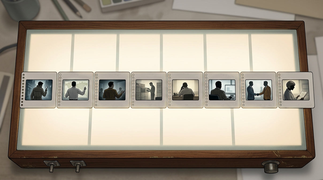A conceptual timeline of character development through photographic slides.