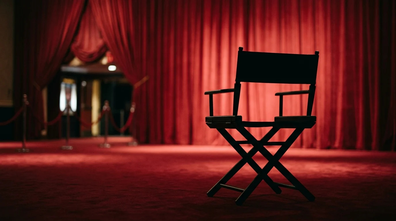 An empty director's chair on a red carpet stage representing a lost industry figure.