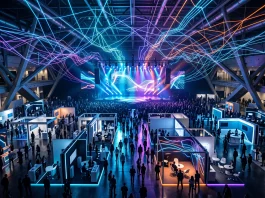 Conceptual illustration of a large-scale technology conference stage and networking atmosphere.