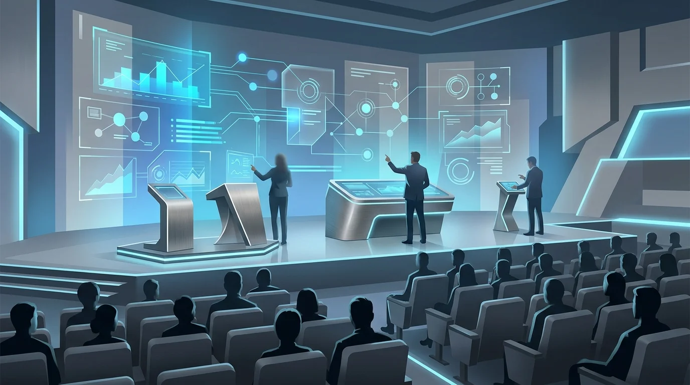 A conceptual illustration of a modern conference stage with data displays.