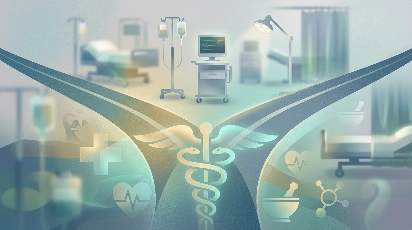 Abstract paths diverging with medical symbols in the background.