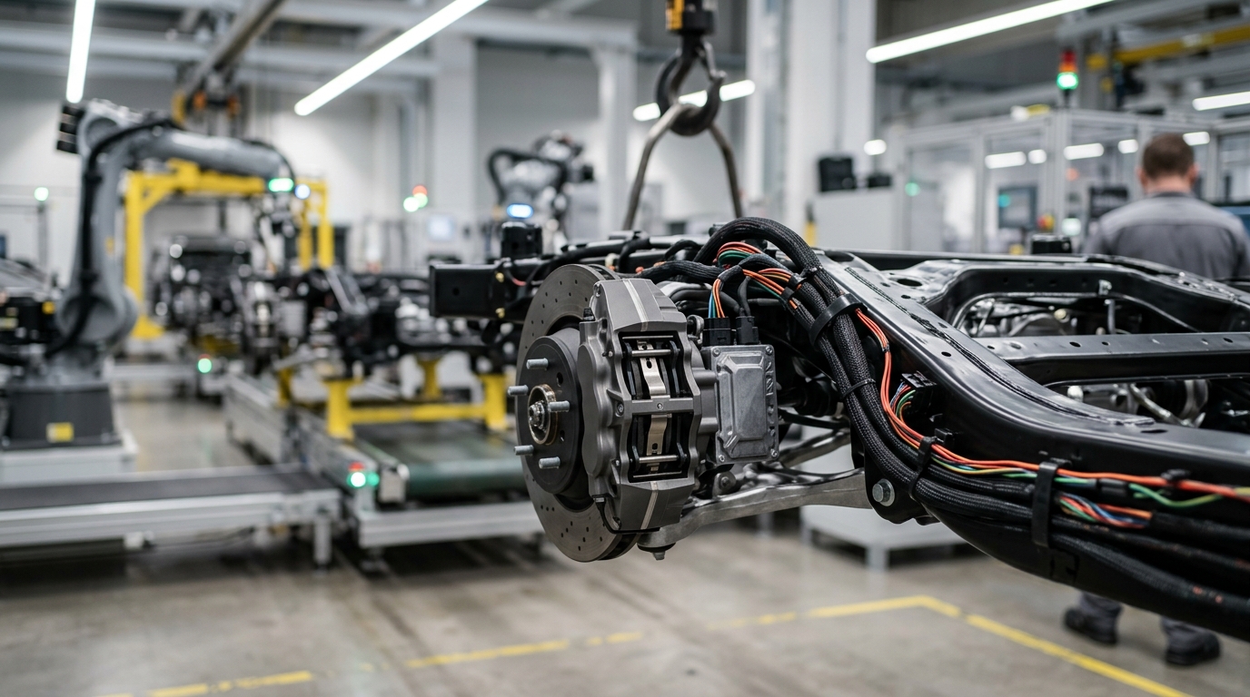 Close-up of a dry brake-by-wire system on an automotive assembly line.
