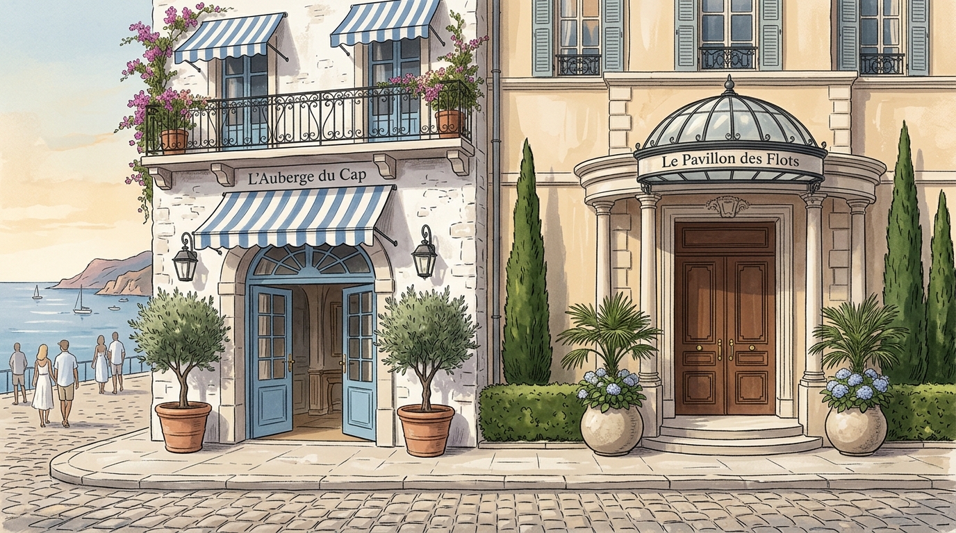 Conceptual illustration of two luxury hotel entrances.