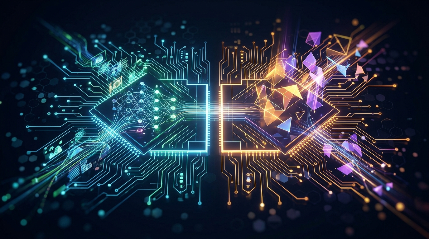 A conceptual digital illustration of dual processing chips designed for augmented reality.