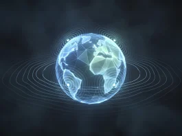 A 3D digital globe with geometric audio wave visualizations.