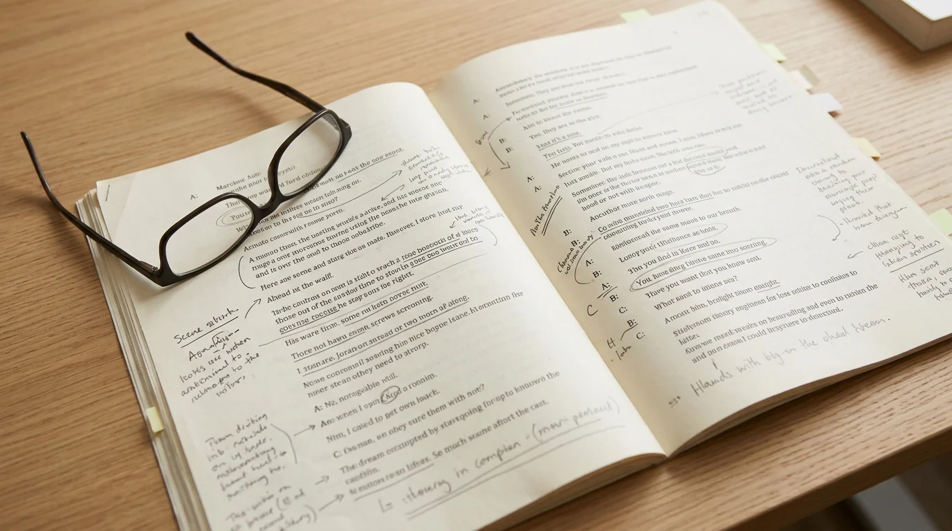 An open screenplay with notes on a table.