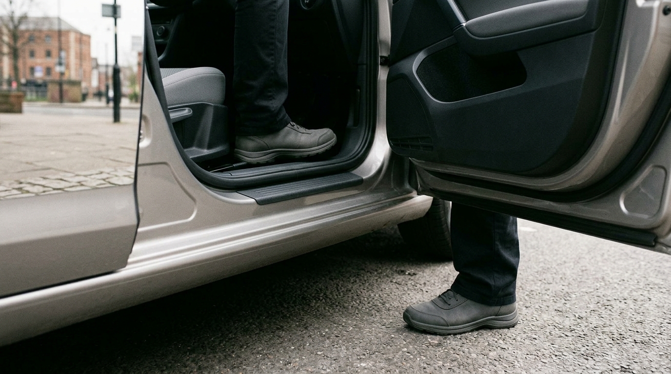 A close-up of a vehicle's low entry point designed for passengers with limited mobility.