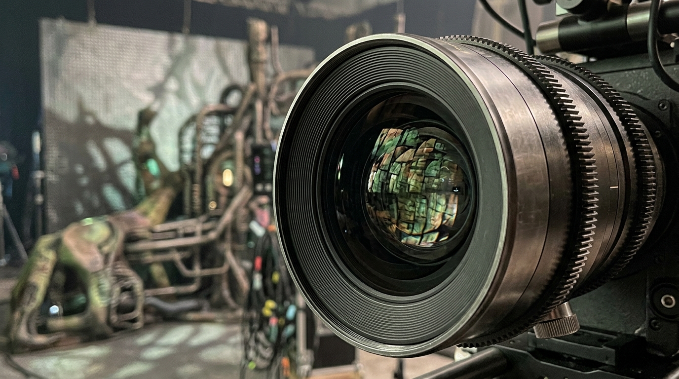 A close-up of a film camera on a dark sci-fi set.