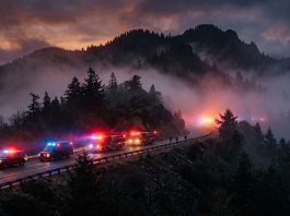 Atmospheric mountain landscape with emergency lights representing a manhunt.