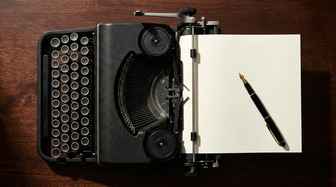 Conceptual image of a typewriter and pen on a dark desk representing editorial work.